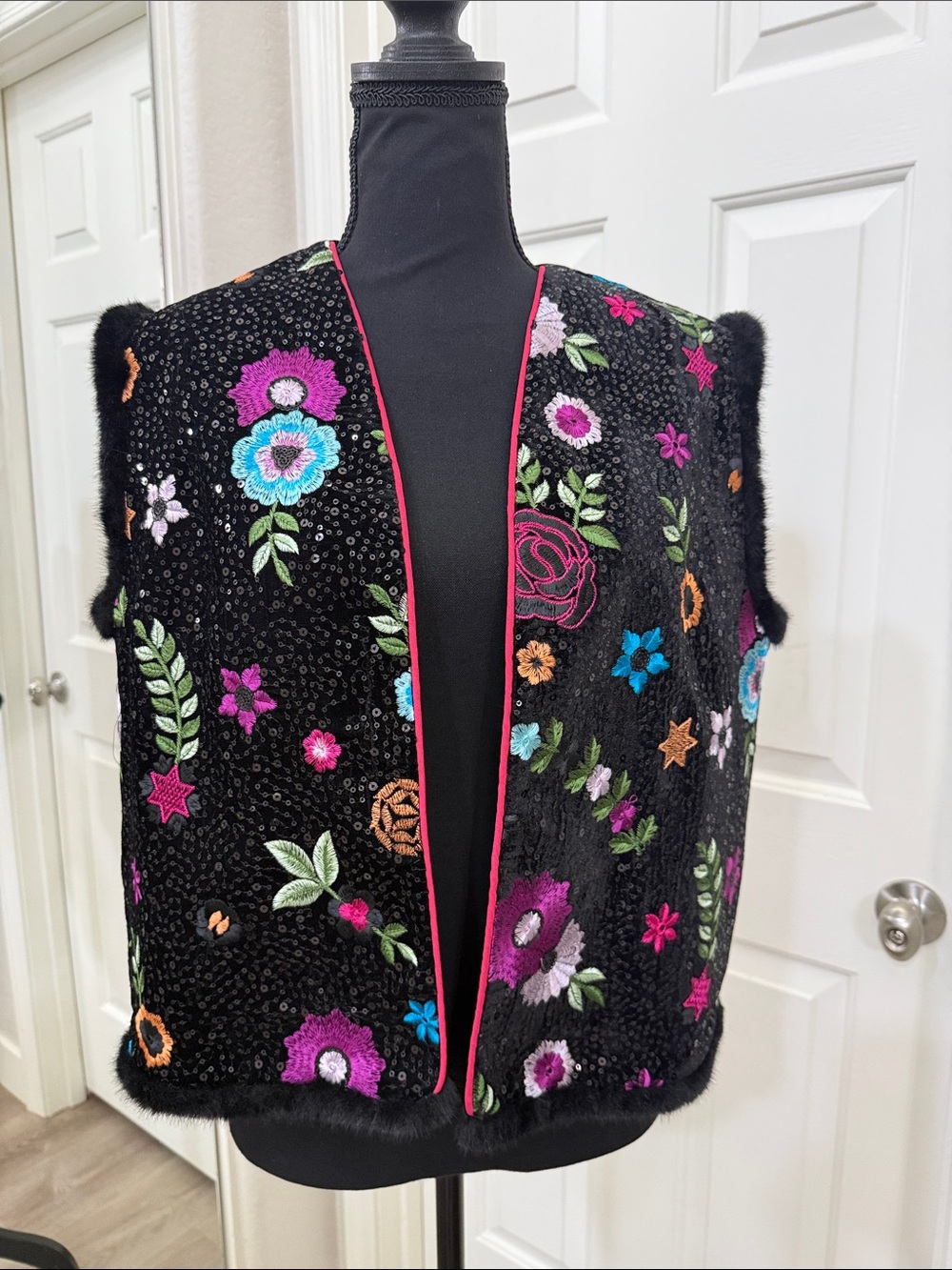 Embroidered Floral Black Vest with Pink Trim